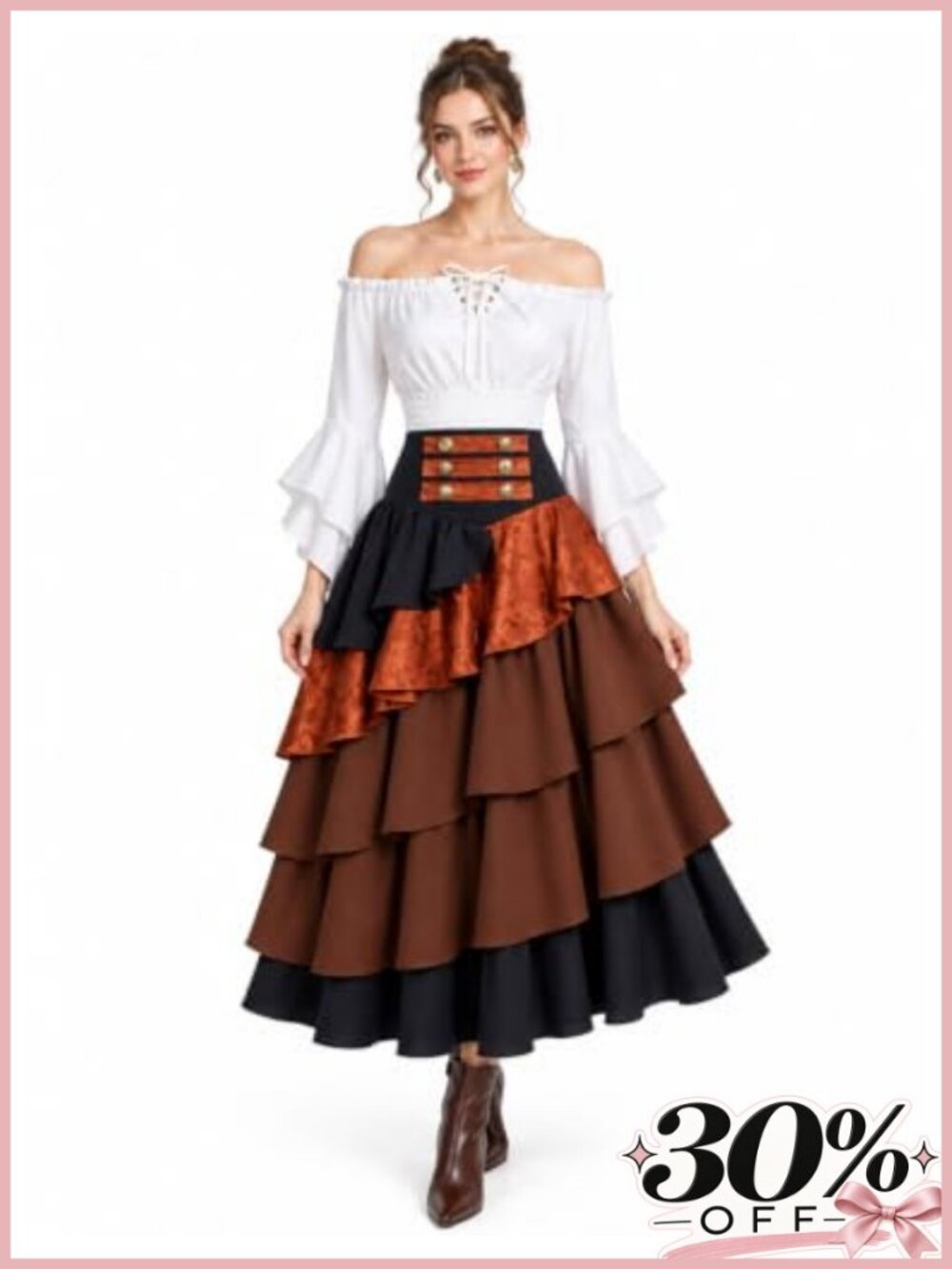 Renaissance Pirate Costume Set Women Faux Leather Lace Corset Dress Cosplay